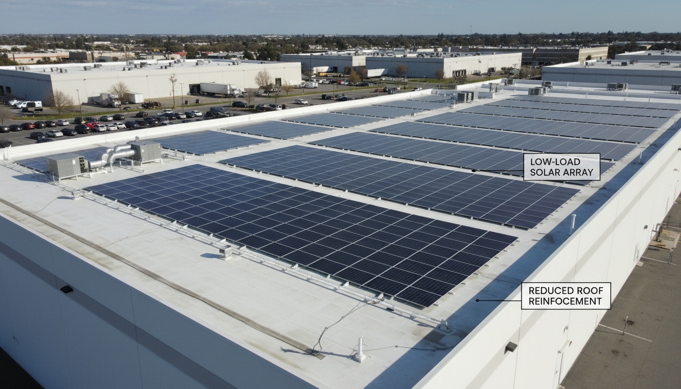 Low load roof solar array showing how lightweight PV modules may reduce commercial roof reinforcement requirements